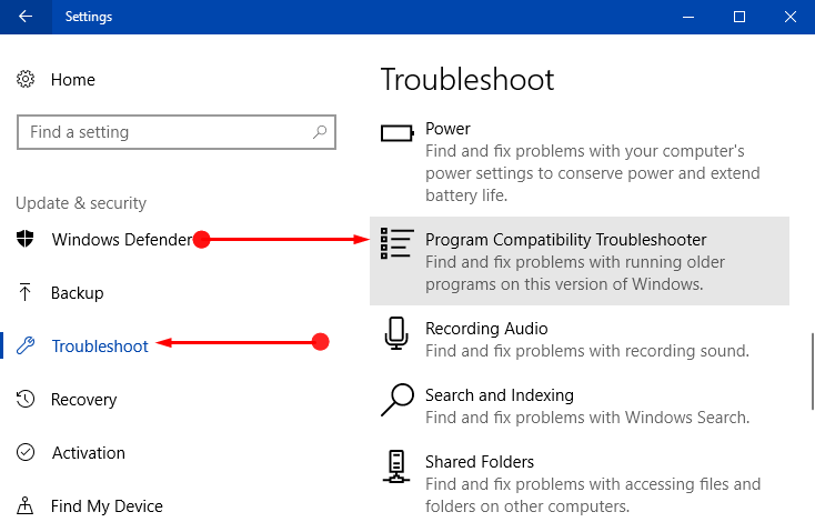 Windows in-built Compatibility Troubleshooter